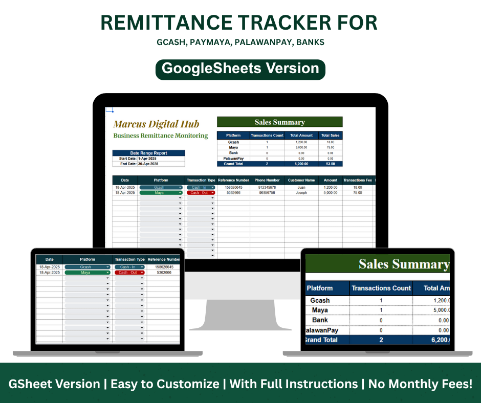 Remittance Tracker Google Sheets Template | GCash, PayMaya, PalawanPay, Banks - Google Sheets Template